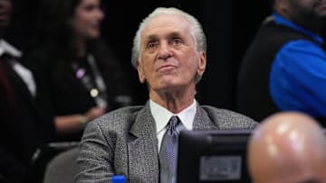 Dec 10, 2022; Miami, Florida, USA; Miami Heat team president Pat Riley looks on during the first half of a game against the San Antonio Spurs at FTX Arena. Mandatory Credit: Jim Rassol-Imagn Images
