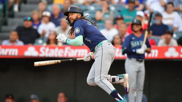 Seattle Mariners shortstop JP Crawford hits a double against the Los Angeles Angels on Thursday at Angel Stadium.