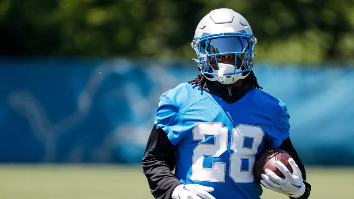 Detroit Lions running back Jermar Jefferson (28) practices during OTAs at Detroit Lions headquarters and training facility in Allen Park on Thursday, May 30, 2024.