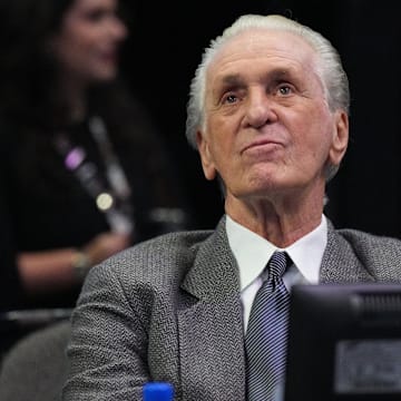 Dec 10, 2022; Miami, Florida, USA; Miami Heat team president Pat Riley looks on during the first half of a game against the San Antonio Spurs at FTX Arena. Mandatory Credit: Jim Rassol-Imagn Images