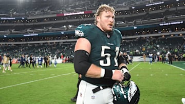 Sep 4, 2025; Philadelphia, Pennsylvania, USA; Philadelphia Eagles center Cam Jurgens (51) against the Dallas Cowboys at Lincoln Financial Field. Mandatory Credit: Eric Hartline-Imagn Images