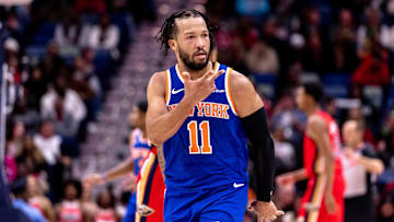 Dec 21, 2024; New Orleans, Louisiana, USA;  New York Knicks guard Jalen Brunson (11) looks to his bench after making a three point basket against the New Orleans Pelicans during the second half at Smoothie King Center. Mandatory Credit: Stephen Lew-Imagn Images