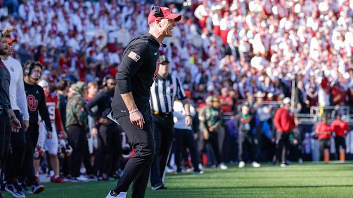 Dec 27, 2024; Fort Worth, TX, USA; Oklahoma Sooners head coach Brent Venables yells out to his players during the fourth quarter against the Navy Midshipmen at Amon G. Carter Stadium. Mandatory Credit: Andrew Dieb-Imagn Images