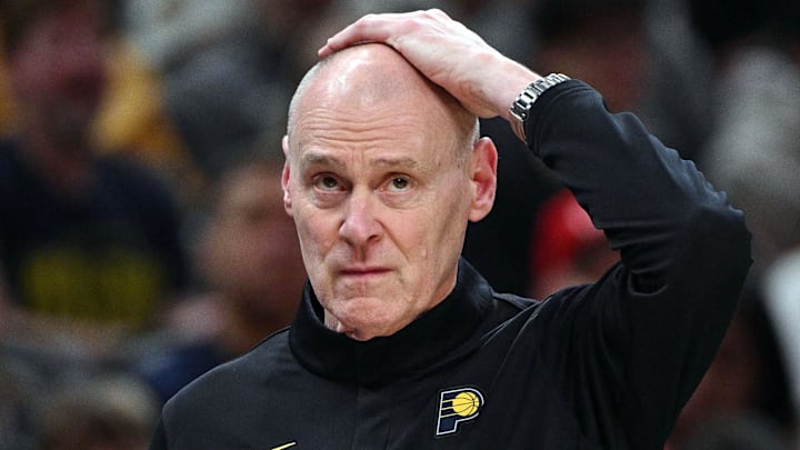 Mar 25, 2026; Indianapolis, Indiana, USA; Indiana Pacers head coach Rick Carlisle reacts to a call during the second quarter against the Los Angeles Lakers at Gainbridge Fieldhouse. Mandatory Credit: Marc Lebryk-Imagn Images