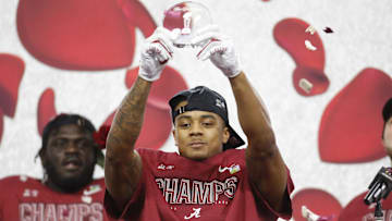 Jan 1, 2021; Arlington, TX, USA; Alabama Crimson Tide defensive back Patrick Surtain II (2) celebrates after he is named defensive player of the game after the Alabama Crimson Tide defeated the Notre Dame Fighting Irish during the Rose Bowl at AT&T Stadium.  Mandatory Credit: Tim Heitman-Imagn Images 