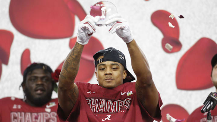 Jan 1, 2021; Arlington, TX, USA; Alabama Crimson Tide defensive back Patrick Surtain II (2) celebrates after he is named defensive player of the game after the Alabama Crimson Tide defeated the Notre Dame Fighting Irish during the Rose Bowl at AT&T Stadium.  Mandatory Credit: Tim Heitman-Imagn Images 