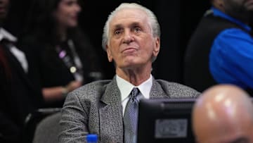 Dec 10, 2022; Miami, Florida, USA; Miami Heat team president Pat Riley looks on during the first half of a game against the San Antonio Spurs at FTX Arena. Mandatory Credit: Jim Rassol-Imagn Images