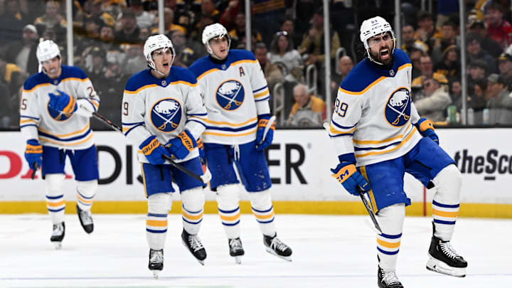 Apr 23, 2026; Boston, Massachusetts, USA; Buffalo Sabres right wing Alex Tuch (89) reacts after scoring a goal against the Boston Bruins during the third period of game three of the first round of the 2026 Stanley Cup Playoffs at the TD Garden. 