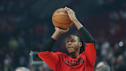 Apr 6, 2025; Portland, Oregon, USA; Portland Trail Blazers forward Jabari Walker (34) warms up before the game against the San Antonio Spurs at Moda Center. Mandatory Credit: Soobum Im-Imagn Images