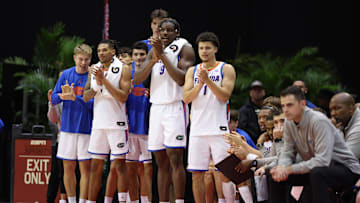 Nov 29, 2024; Orlando, Florida, USA; Florida Gators center Rueben Chinyelu (9) and guard Walter Clayton Jr. (1) react after a play against the Wichita State Shockers in the second half at ESPN Wide World of Sports Complex. Mandatory Credit: Nathan Ray Seebeck-Imagn Images