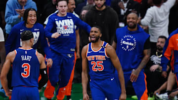 May 5, 2025; Boston, Massachusetts, USA; New York Knicks forward Mikal Bridges (25) reacts after stripping the ball from Boston Celtics guard Jaylen Brown (7) (not pictured) winning the game in overtime during game one of the second round for the 2025 NBA Playoffs at TD Garden. Mandatory Credit: David Butler II-Imagn Images