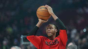 Apr 6, 2025; Portland, Oregon, USA; Portland Trail Blazers forward Jabari Walker (34) warms up before the game against the San Antonio Spurs at Moda Center. Mandatory Credit: Soobum Im-Imagn Images