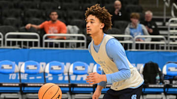 Mar 20, 2025; Milwaukee, WI, USA; North Carolina Tar Heels guard Seth Trimble (7) works out during NCAA Tournament First Round Practice at Fiserv Forum. 