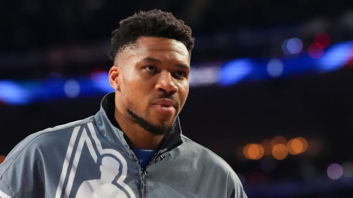 Feb 15, 2026; Inglewood, California, USA; Team World forward Giannis Antetokounmpo (34). Mandatory Credit: Kirby Lee-Imagn Images