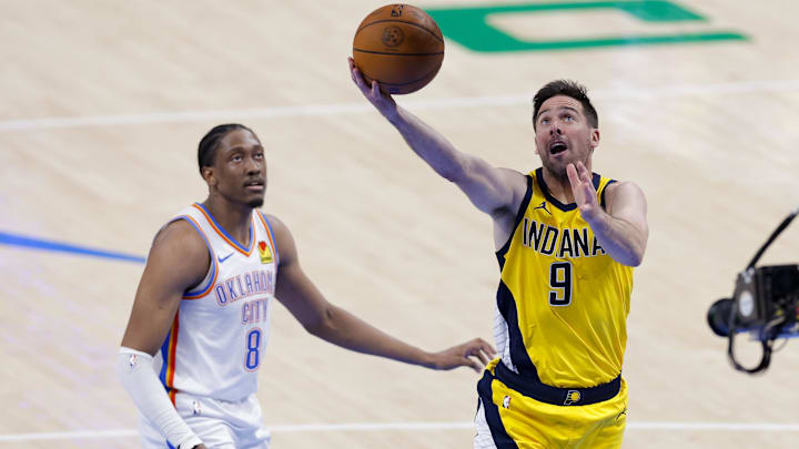 Jun 16, 2025; Oklahoma City, Oklahoma, USA; Indiana Pacers guard T.J. McConnell (9) drives to the basket past Oklahoma City Thunder forward Jalen Williams (8) during the third quarter in game five of the 2025 NBA Finals at Paycom Center. Mandatory Credit: Alonzo Adams-Imagn Images Jun 16, 2025; Oklahoma City, Oklahoma, USA; Indiana Pacers guard T.J. McConnell (9) drives to the basket past Oklahoma City Thunder forward Jalen Williams (8) during the third quarter in game five of the 2025 NBA Finals at Paycom Center. Mandatory Credit: Alonzo Adams-Imagn Images
