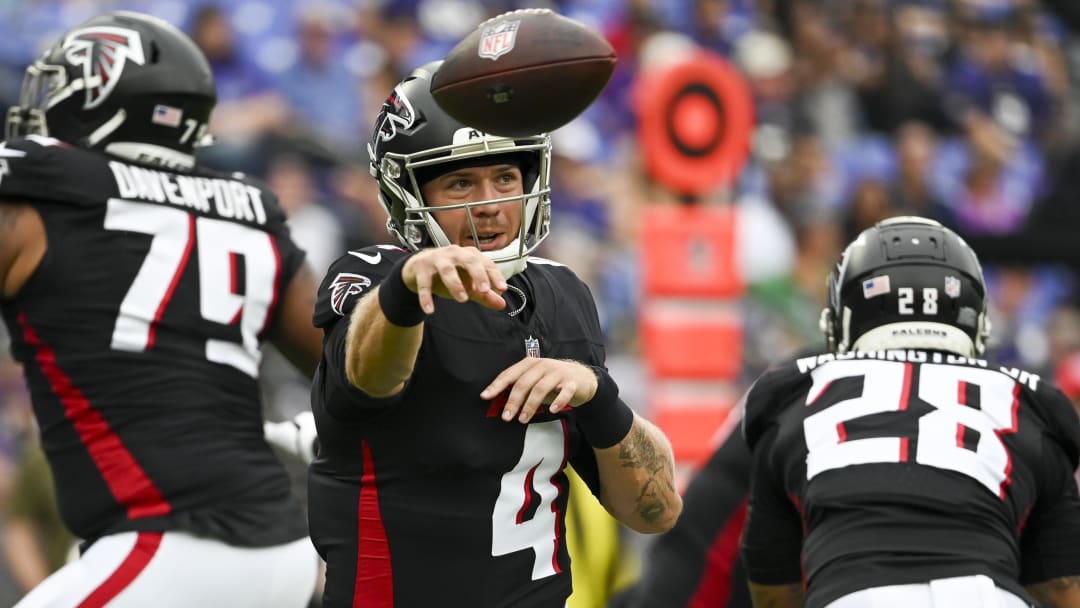 Aug 17, 2024; Baltimore, Maryland, USA;  Atlanta Falcons quarterback Taylor Heinicke (4) throws from there pocket during the first half against the Baltimore Ravens  at M&T Bank Stadium. Mandatory Credit: Tommy Gilligan-USA TODAY Sports