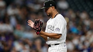 Aug 19, 2025; Denver, Colorado, USA; Colorado Rockies relief pitcher Anthony Molina (43) reacts at the end of the fifth inning against the Los Angeles Dodgers at Coors Field.
