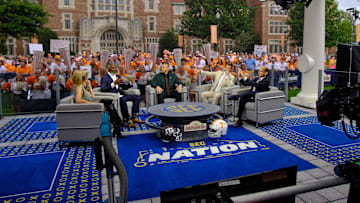 SEC Nation's, from left, Laura Rutledge, Roman Harper, Tim Tebow, Jordan Rodgers and Paul Finebaum hosts the live filming of SEC Nation to kick off the Tennessee vs Texas A&M college football game, Saturday, October 14, 2023, in Knoxville Tennessee. (Shawn Millsaps/Special to News Sentinel)
