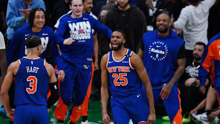 May 5, 2025; Boston, Massachusetts, USA; New York Knicks forward Mikal Bridges (25) reacts after stripping the ball from Boston Celtics guard Jaylen Brown (7) (not pictured) winning the game in overtime during game one of the second round for the 2025 NBA Playoffs at TD Garden. Mandatory Credit: David Butler II-Imagn Images May 5, 2025; Boston, Massachusetts, USA; New York Knicks forward Mikal Bridges (25) reacts after stripping the ball from Boston Celtics guard Jaylen Brown (7) (not pictured) winning the game in overtime during game one of the second round for the 2025 NBA Playoffs at TD Garden. Mandatory Credit: David Butler II-Imagn Images