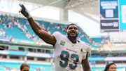 Sep 8, 2024; Miami Gardens, Florida, USA;Miami Dolphins defensive tackle Calais Campbell (93) celebrates after the game against the Jacksonville Jaguars  at Hard Rock Stadium. Mandatory Credit: Sam Navarro-Imagn Images