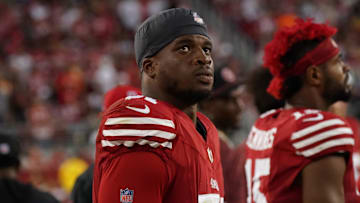 Sep 9, 2024; Santa Clara, California, USA; San Francisco 49ers defensive end Robert Beal Jr. (51) watches from the sidelines in the third quarter against the New York Jets at Levi's Stadium. Mandatory Credit: David Gonzales-Imagn Images