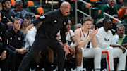 Jan 8, 2025; Coral Gables, Florida, USA; Miami Hurricanes interim head coach Bill Courtney reacts from the sideline against the Florida State Seminoles during the first half at Watsco Center. Mandatory Credit: Sam Navarro-Imagn Images