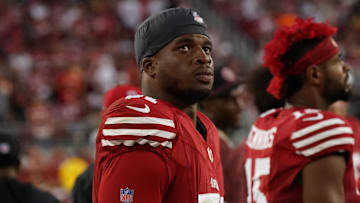 Sep 9, 2024; Santa Clara, California, USA; San Francisco 49ers defensive end Robert Beal Jr. (51) watches from the sidelines in the third quarter against the New York Jets at Levi's Stadium.