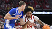 Dec 8, 2024; Louisville, Kentucky, USA;  Louisville Cardinals guard Chucky Hepburn (24) dribbles against Duke Blue Devils guard Cooper Flagg (2) during the second half at KFC Yum! Center. Duke defeated Louisville 76-65. Mandatory Credit: Jamie Rhodes-Imagn Images