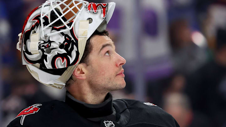 Jan 29, 2026; Buffalo, New York, USA;  Buffalo Sabres goaltender Alex Lyon (34) looks to the scoreboard during a stoppage in play against the Los Angeles Kings at KeyBank Center. Mandatory Credit: Timothy T. Ludwig-Imagn Images