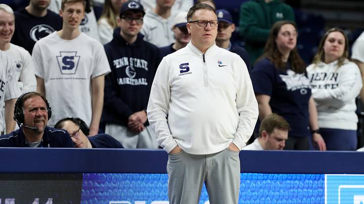 Feb 28, 2026; University Park, Pennsylvania, USA; Penn State Nittany Lions head coach Mike Rhoades looks on from the bench during the first half against the Iowa Hawkeyes at Bryce Jordan Center. Mandatory Credit: Matthew O'Haren-Imagn Images
