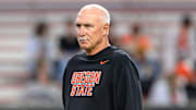 Oct 18, 2025; Corvallis, Oregon, USA; Oregon State Beavers interim head coach Robb Akey on the field before the game against the Lafayette Leopards at Reser Stadium. Mandatory Credit: Craig Strobeck-Imagn Images