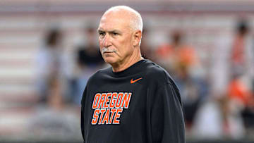 Oct 18, 2025; Corvallis, Oregon, USA; Oregon State Beavers interim head coach Robb Akey on the field before the game against the Lafayette Leopards at Reser Stadium. Mandatory Credit: Craig Strobeck-Imagn Images