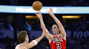 Oct 25, 2025; Orlando, Florida, USA;  Chicago Bulls guard Josh Giddey (3) takes a shot in the second half against the Orlando Magic at Kia Center. Mandatory Credit: Russell Lansford-Imagn Images