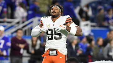 Nov 20, 2022; Detroit, Michigan, USA; Cleveland Browns defensive end Myles Garrett (95) warms up before their game against the Buffalo Bills at Ford Field. Mandatory Credit: Lon Horwedel-Imagn Images