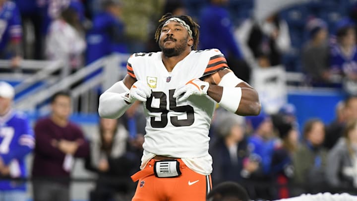 Nov 20, 2022; Detroit, Michigan, USA; Cleveland Browns defensive end Myles Garrett (95) warms up before their game against the Buffalo Bills at Ford Field. Mandatory Credit: Lon Horwedel-Imagn Images