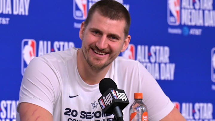 Feb 14, 2026; Los Angeles, CA, USA; Team World center Nikola Jokic (15) of the Denver Nuggets during a news conference for the NBA All Star game at Intuit Dome. Mandatory Credit: Jayne Kamin-Oncea-Imagn Images