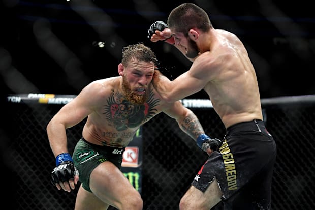 Khabib Nurmagomedov fights Conor McGregor during UFC 229 at T-Mobile Arena. 