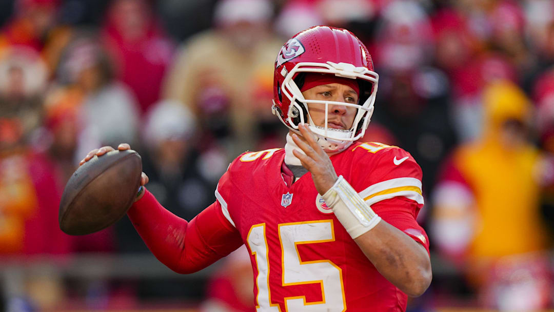 Dec 14, 2025; Kansas City, Missouri, USA; Kansas City Chiefs quarterback Patrick Mahomes (15) throws a pass during the second half against the Los Angeles Chargers at GEHA Field at Arrowhead Stadium. Mandatory Credit: Jay Biggerstaff-Imagn Images