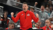 Mar 12, 2025; Indianapolis, IN, USA; Ohio State Buckeyes head coach Jake Diebler reacts to a play during the second half against the Iowa Hawkeyes at Gainbridge Fieldhouse. Mandatory Credit: Robert Goddin-Imagn Images