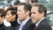 Apr 6, 2019; Baltimore, MD, USA;  Baltimore Orioles executive Louis (left) and John Angelos attend a pregame ceremony before the game against the New York Yankees at Oriole Park at Camden Yards. Mandatory Credit: Tommy Gilligan-Imagn Images