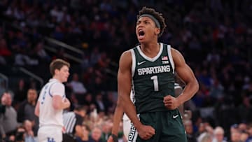 Nov 18, 2025; New York, New York, USA; Michigan State Spartans guard Jeremy Fears Jr. (1) reacts during the second half against the Kentucky Wildcats at Madison Square Garden. Mandatory Credit: Vincent Carchietta-Imagn Images