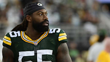 Sep 12, 2021; Jacksonville, Florida, USA;  Green Bay Packers linebacker Za'Darius Smith (55) stands on the sidelines during the game against the New Orleans Saints at TIAA Bank Field. Mandatory Credit: Tommy Gilligan-Imagn Images