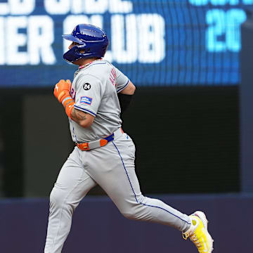 New York Mets catcher Francisco Alvarez (4) runs the bases after hitting a three run home run against the Toronto Blue Jays during the ninth inning at Rogers Centre on Sept 11.