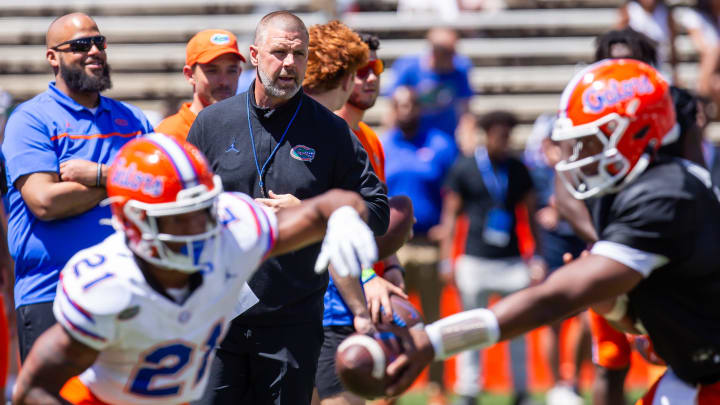 Florida Gators head coach Billy Napier watches warm ups before the Orange and Blue game at Ben Hill Griffin Stadium in Gainesville, FL on Saturday, April 13, 2024 [Doug Engle/Gainesville Sun]2024