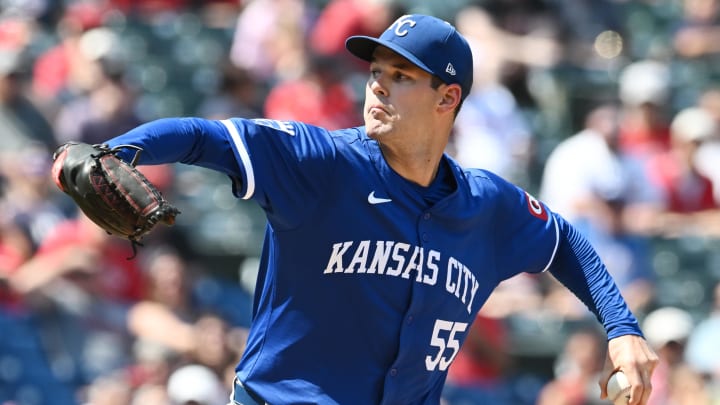 Kansas City Royals starting pitcher Cole Ragans (55) throws a pitch during the first inning against the Cleveland Guardians at Progressive Field on Aug 26.