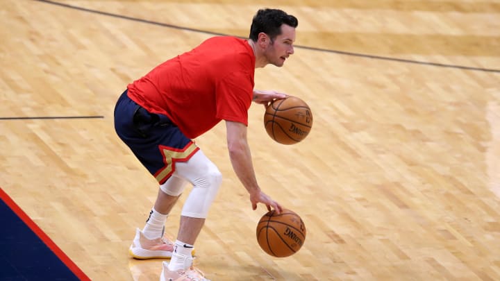 Jan 30, 2021; New Orleans, Louisiana, USA; New Orleans Pelicans guard JJ Redick (4) warms up before their game against the Houston Rockets at the Smoothie King Center. Mandatory Credit: Chuck Cook-USA TODAY Sports
