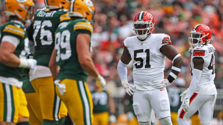 Cleveland Browns defensive tackle Mike Hall Jr. (51) catches his breath in between plays during the first half of an NFL preseason football game at Cleveland Browns Stadium, Saturday, Aug. 10, 2024, in Cleveland, Ohio.