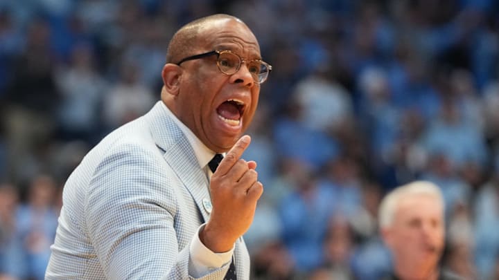 Feb 7, 2026; Chapel Hill, North Carolina, USA;  North Carolina Tar Heels head coach Hubert Davis reacts in the first  half at Dean E. Smith Center. Mandatory Credit: Bob Donnan-Imagn Images