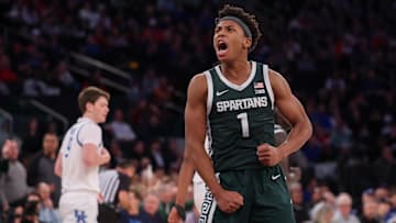 Nov 18, 2025; New York, New York, USA; Michigan State Spartans guard Jeremy Fears Jr. (1) reacts during the second half against the Kentucky Wildcats at Madison Square Garden. Mandatory Credit: Vincent Carchietta-Imagn Images