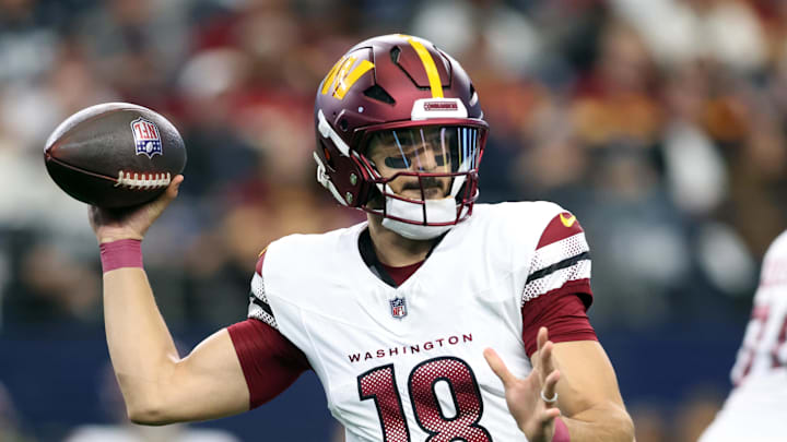 Washington Commanders quarterback Marcus Mariota (18) throws a pass against the Dallas Cowboys during the third quarter at AT&T Stadium. Mandatory Credit: Tim Heitman-Imagn Images
